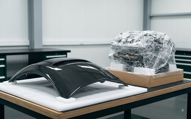 Car body panel wrapped in protective film marked insured in transit