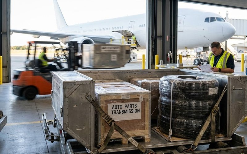 Worker applying a Shipping ID barcode label to a package at the Chamblee warehouse